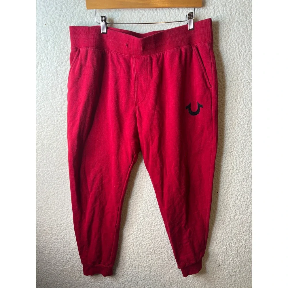 True Religion Mens Red Horseshoe Logo Jogger Sweatpants XL XL/TG Fleece Pants